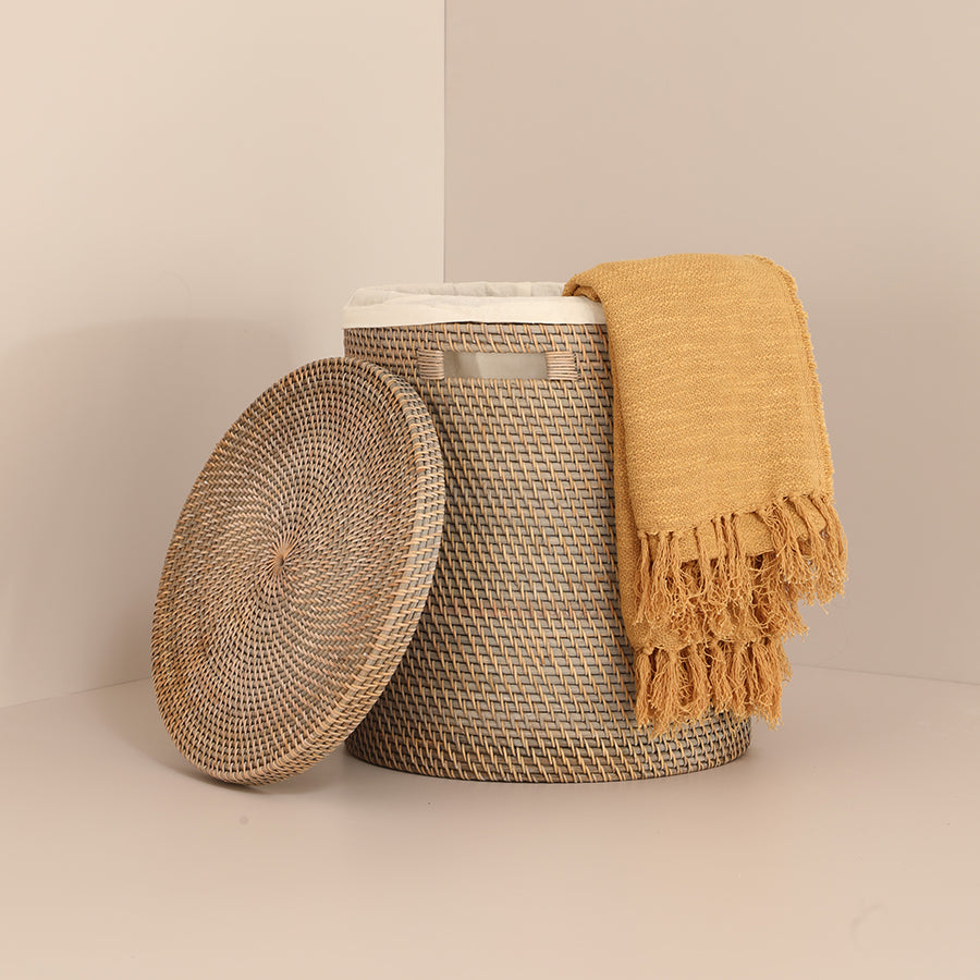 Turin Handwoven Rattan Basket With Lining-Grey