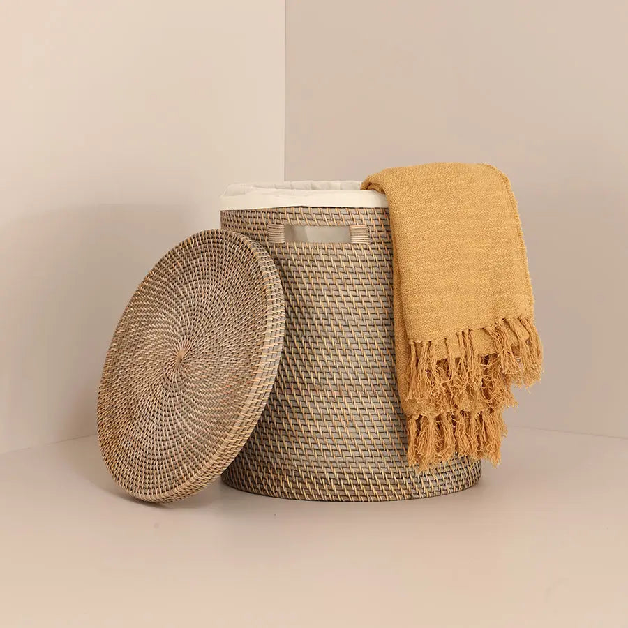 Turin Handwoven Rattan Basket With Lining-Grey Quilt Avenue