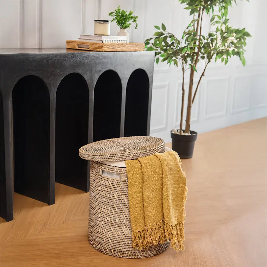 Turin Handwoven Rattan Basket With Lining-Grey Quilt Avenue