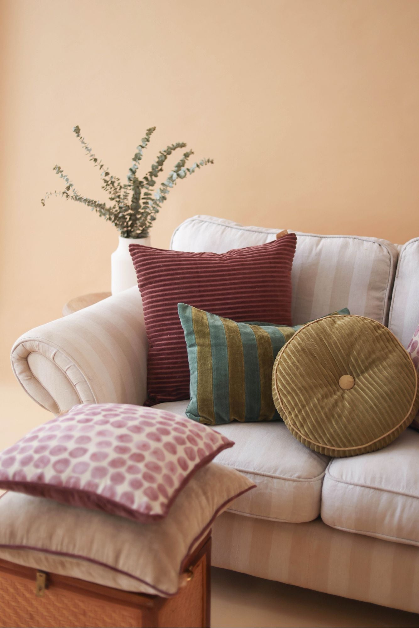 Holly Eucalyptus Velvet Stripe Cushion Cover