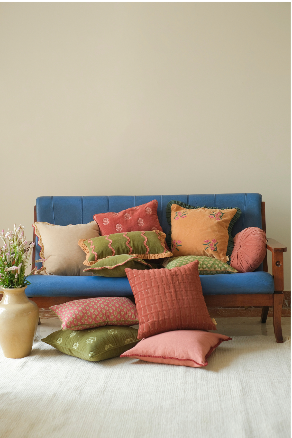 Twig Rhubarb Embroidered Velvet Cushion Cover