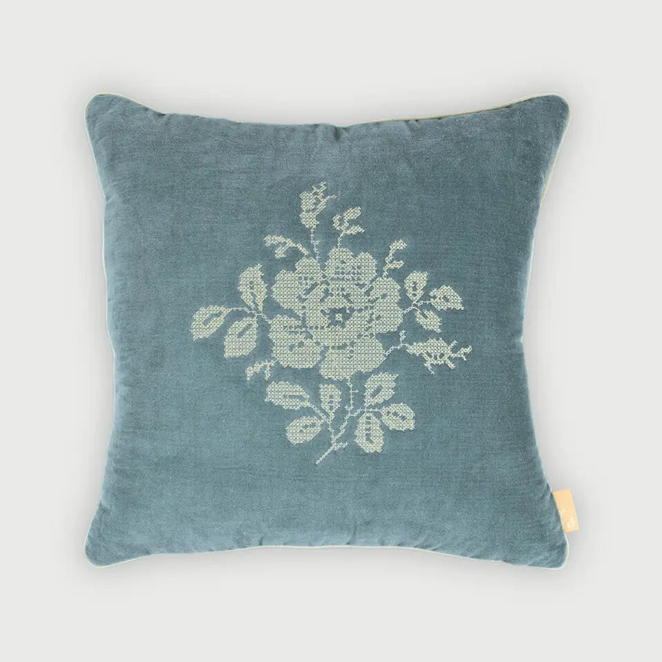 Camellia Teal Cross Stitch Cushion Cover SanctuaryLiving