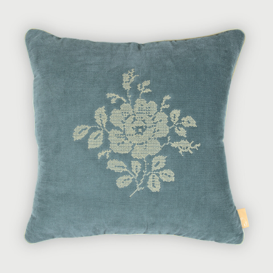 Camellia Teal Cross Stitch Cushion Cover