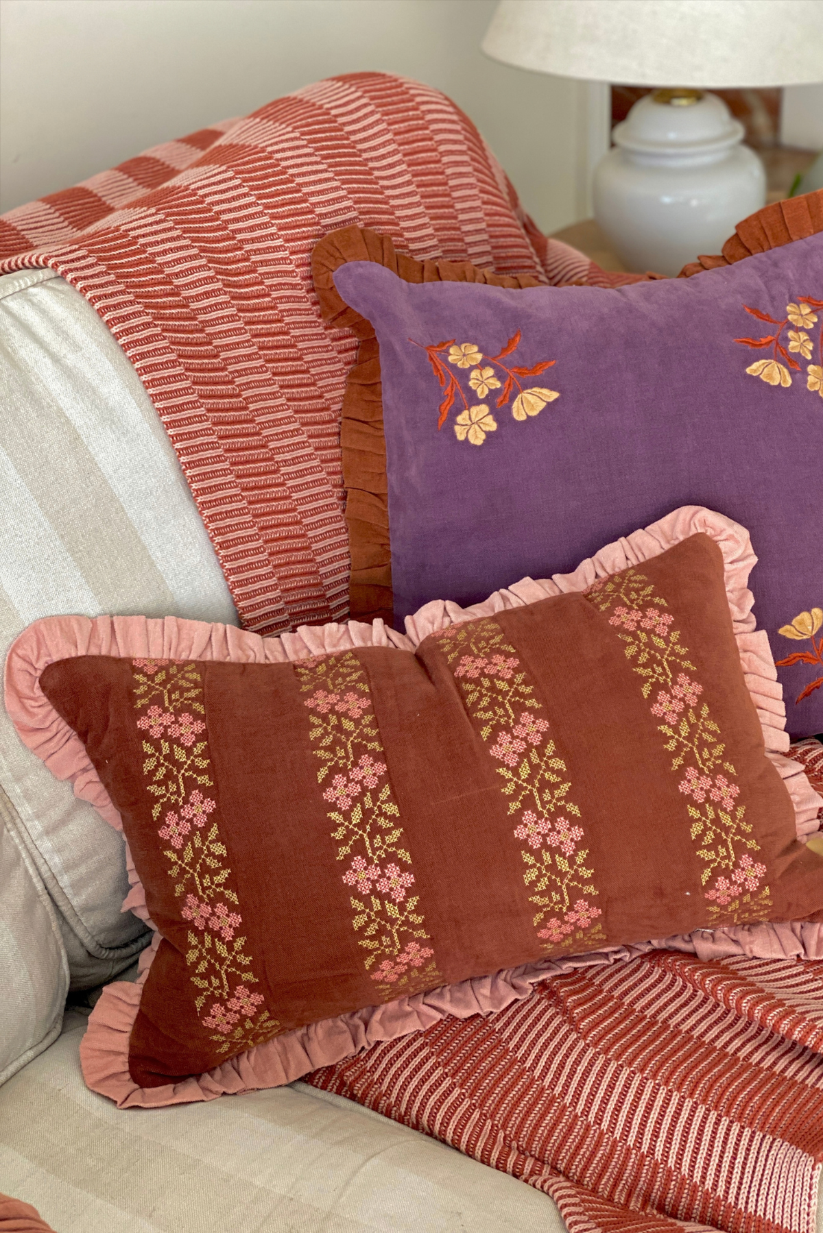 Heather Rhubarb Cross Stitch Oblong Cushion Cover
