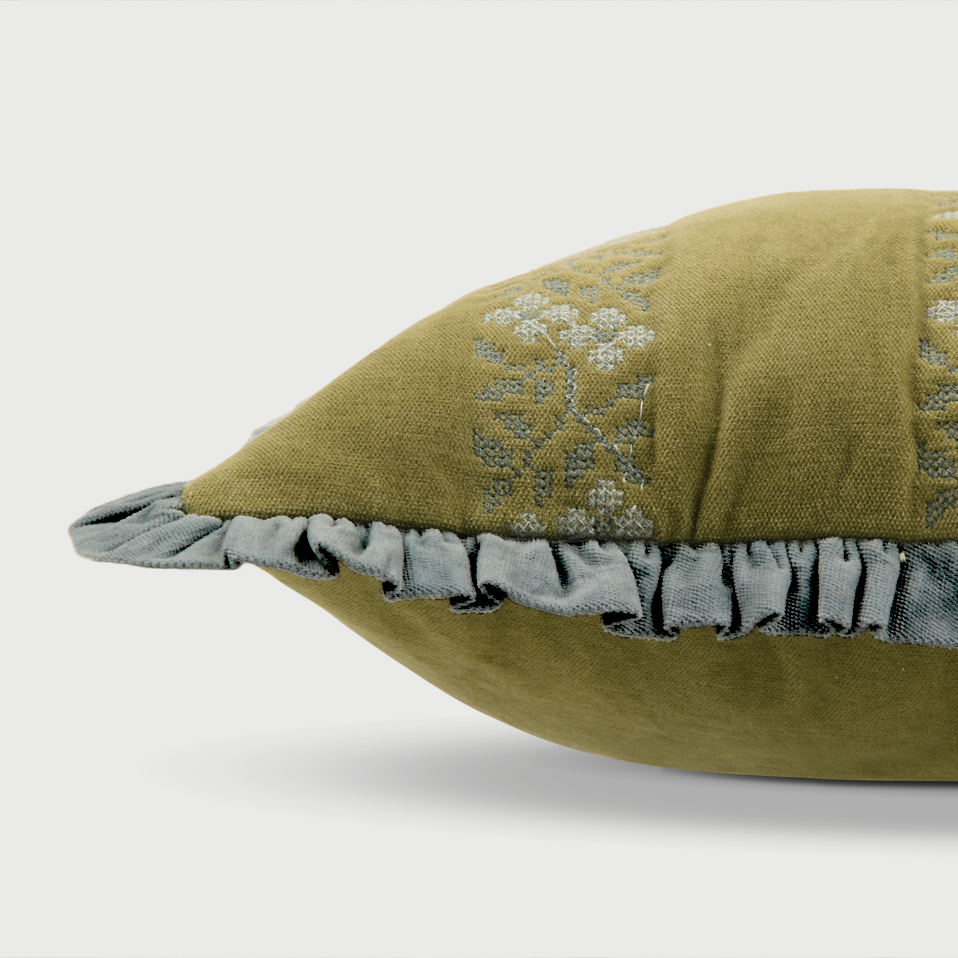 Heather Olive Cross Stitch Oblong Cushion Cover