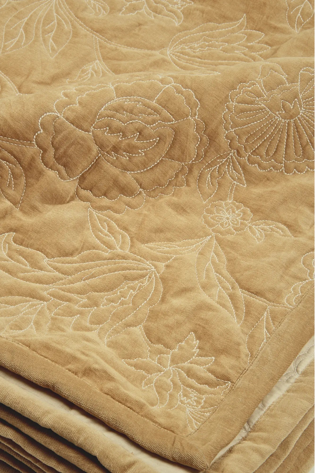 Rosabelle Chintz Sand Velvet Embroidered Quilt SanctuaryLiving