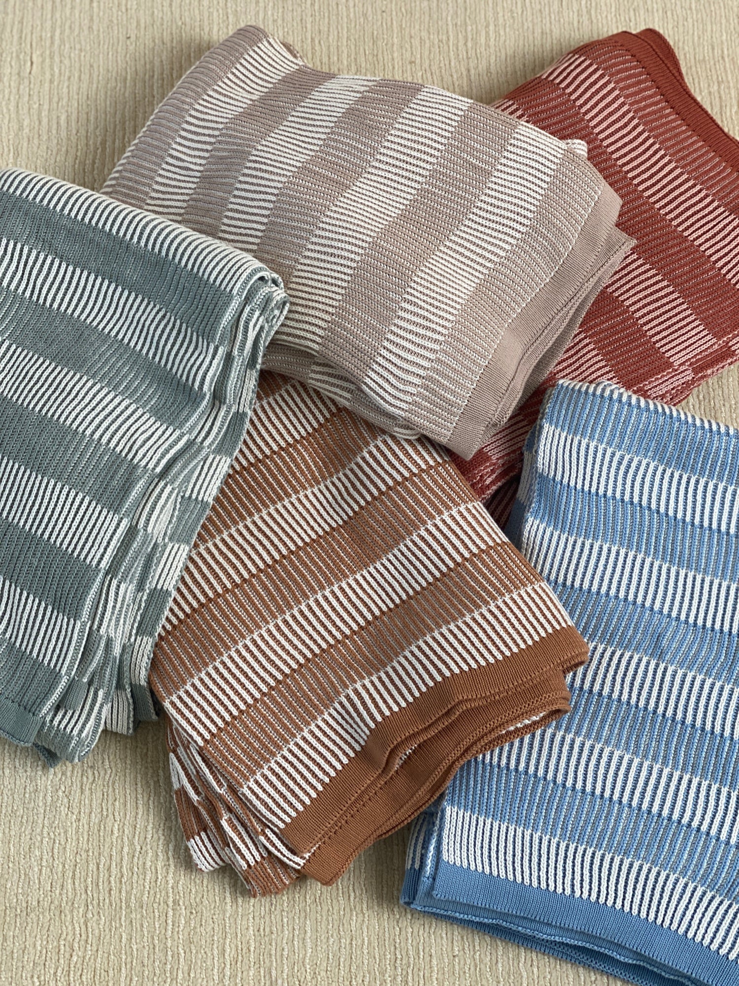 Striped Soft Blue Cotton Knitted Throw