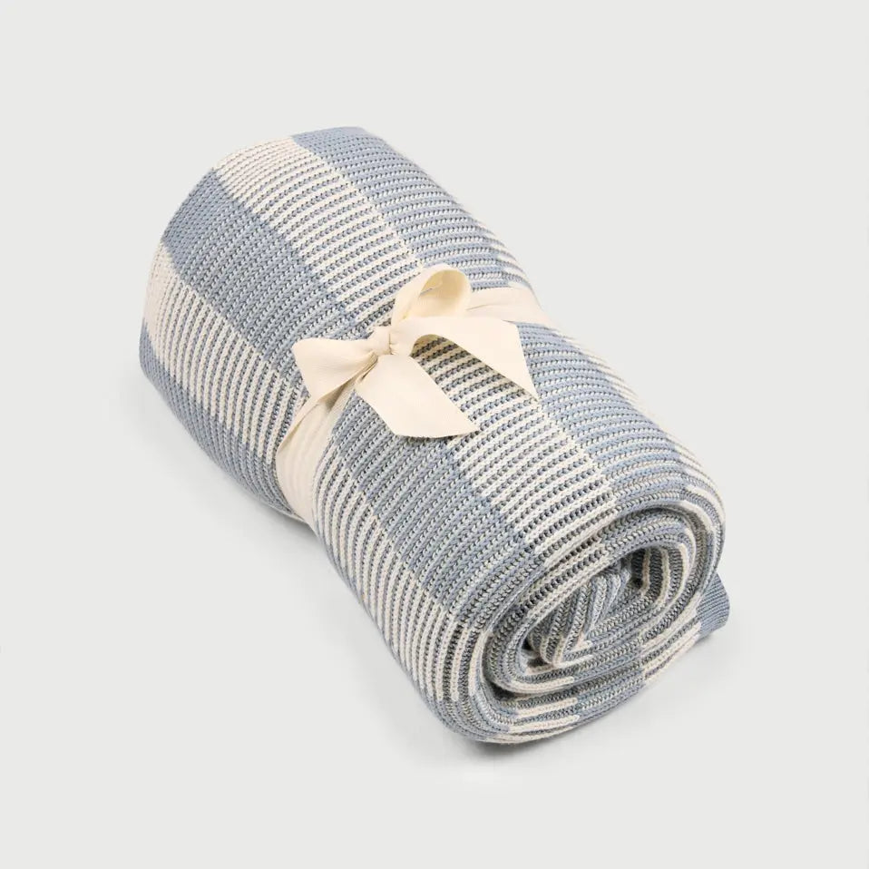 Striped Soft Blue Cotton Knitted Throw SanctuaryLiving