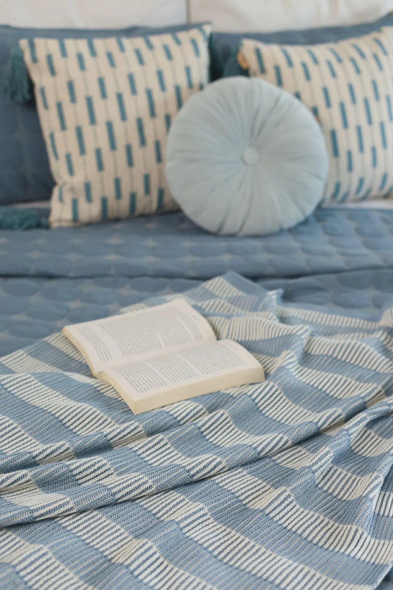 Striped Soft Blue Cotton Knitted Throw SanctuaryLiving