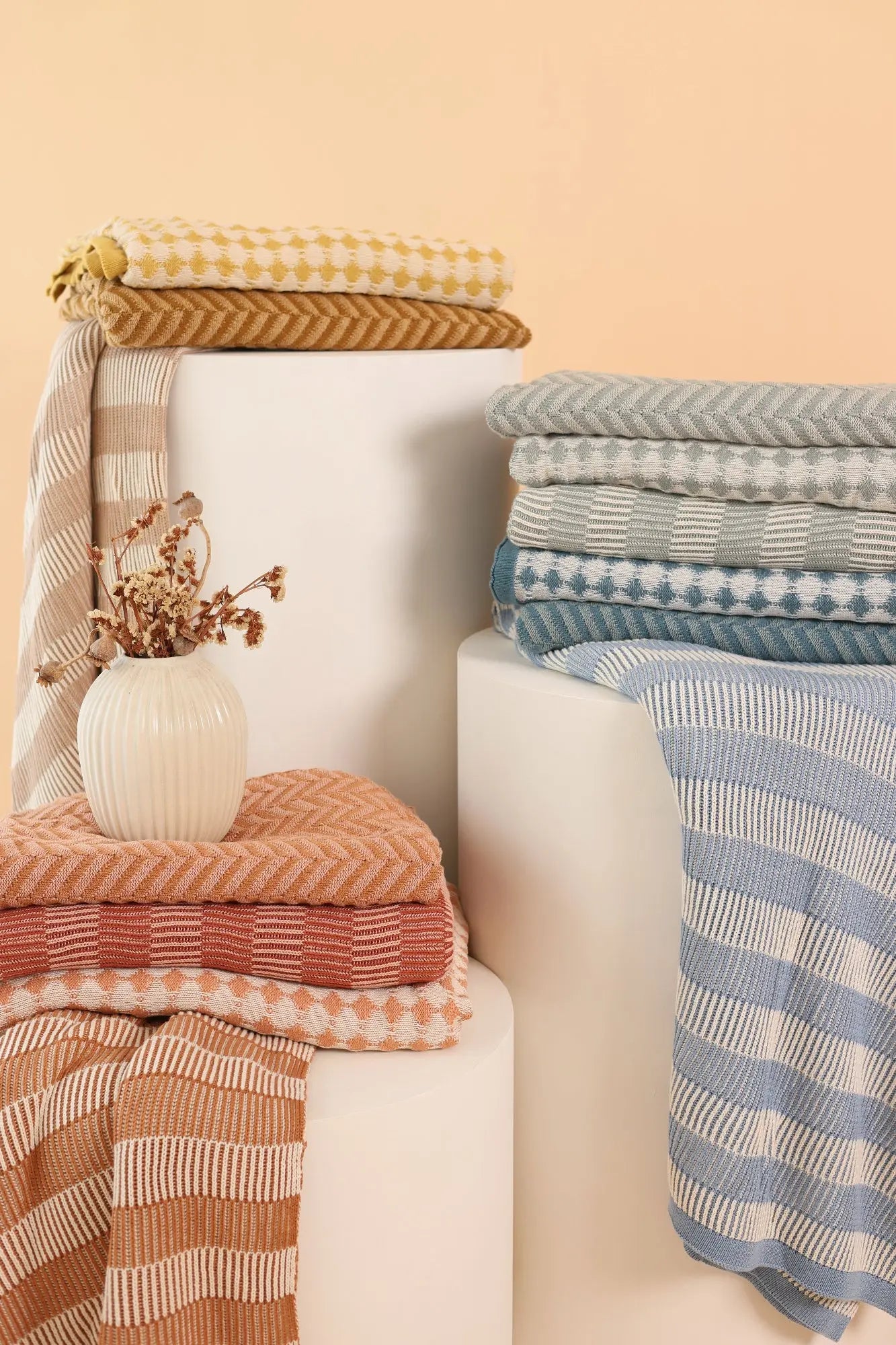 Striped Beige Cotton Knitted Throw SanctuaryLiving