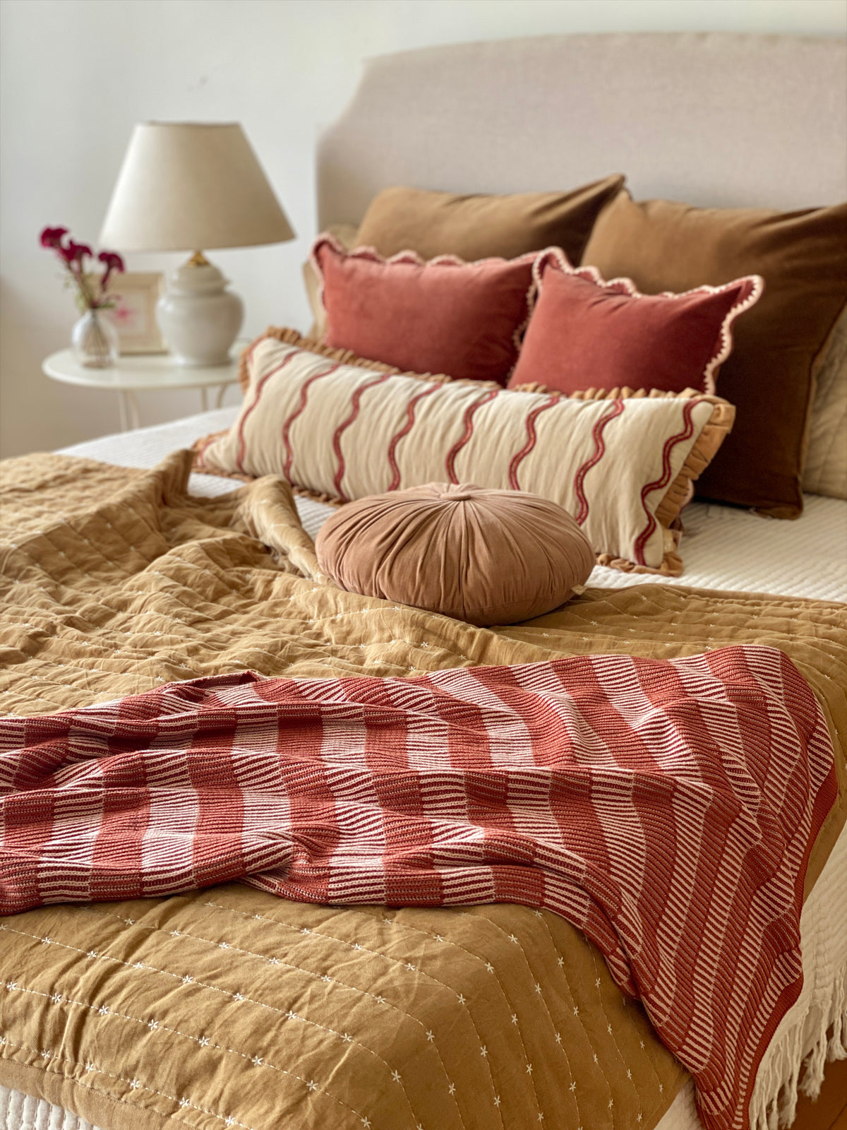 Striped Rhubarb Cotton Knitted Throw