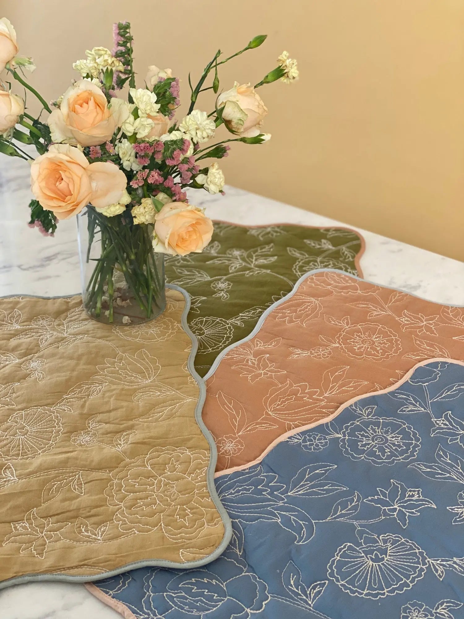 Rosabelle Chintz Ochre Scallop Mats-Set of 2 SanctuaryLiving