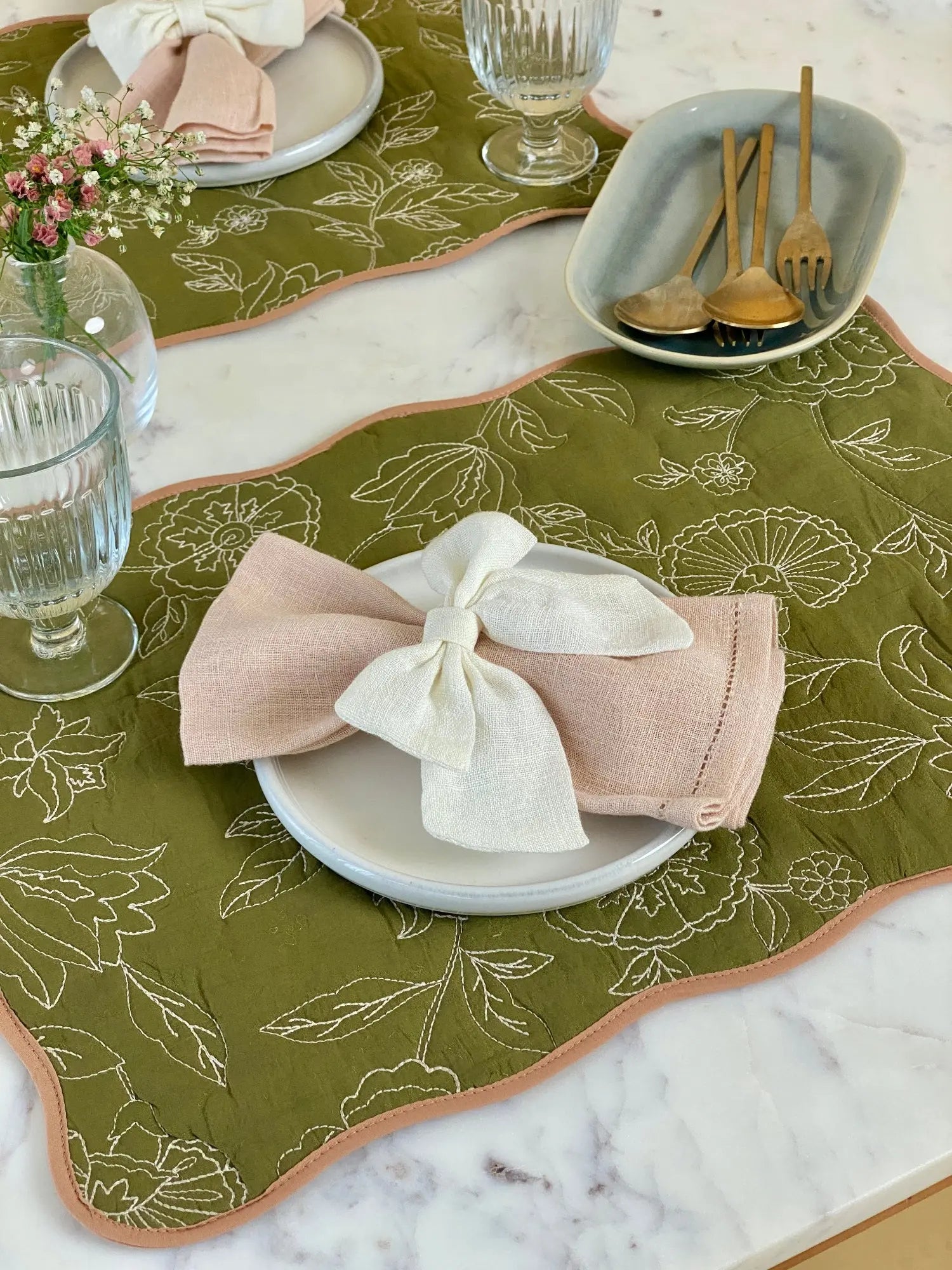 Rosabelle Chintz Olive Scallop Mats-Set of 2 SanctuaryLiving