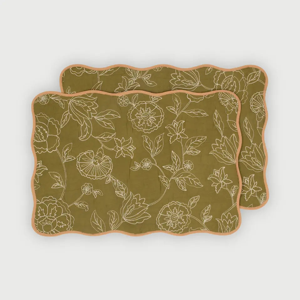 Rosabelle Chintz Olive Scallop Mats-Set of 2 SanctuaryLiving