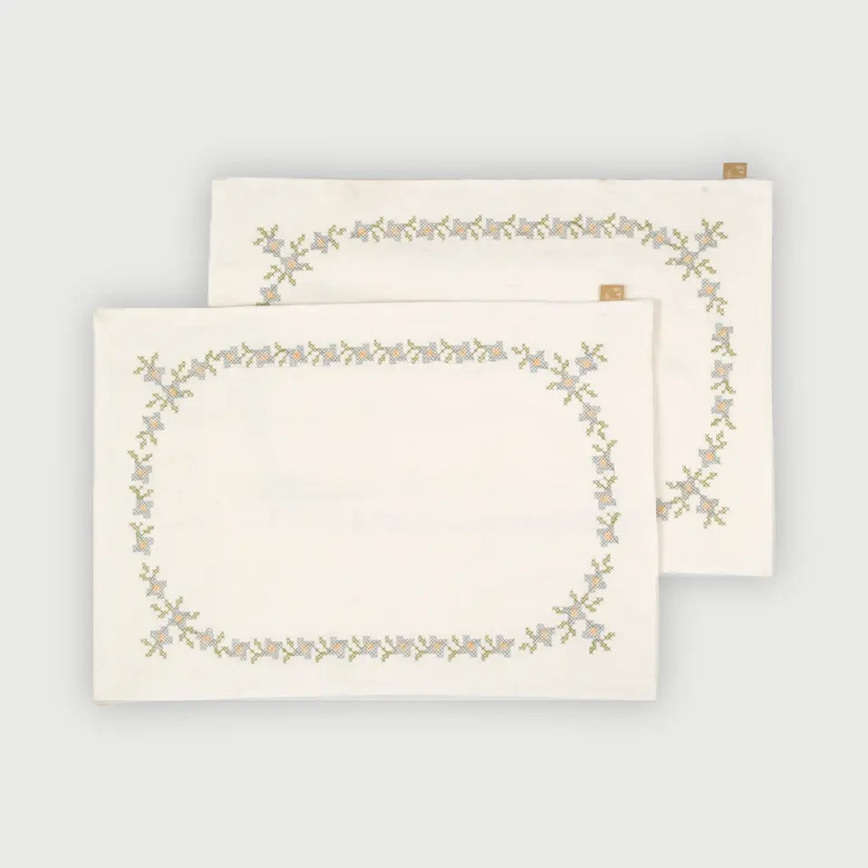 Trellis Soft Blue Cross Stitch Table Mats-Set of 2 SanctuaryLiving