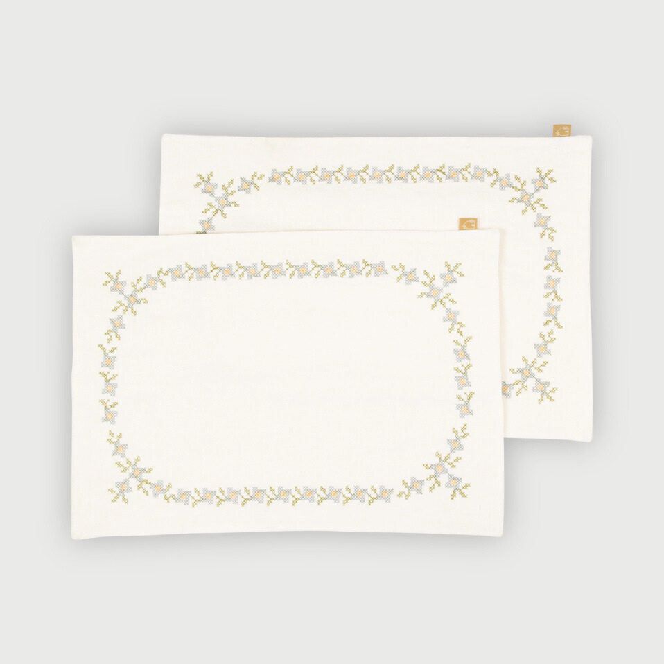 Trellis Soft Blue Cross Stitch Table Mats-Set of 2