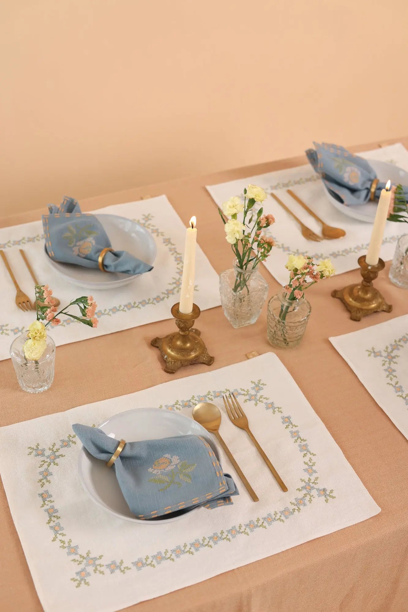 Trellis Soft Blue Cross Stitch Table Mats-Set of 2 SanctuaryLiving