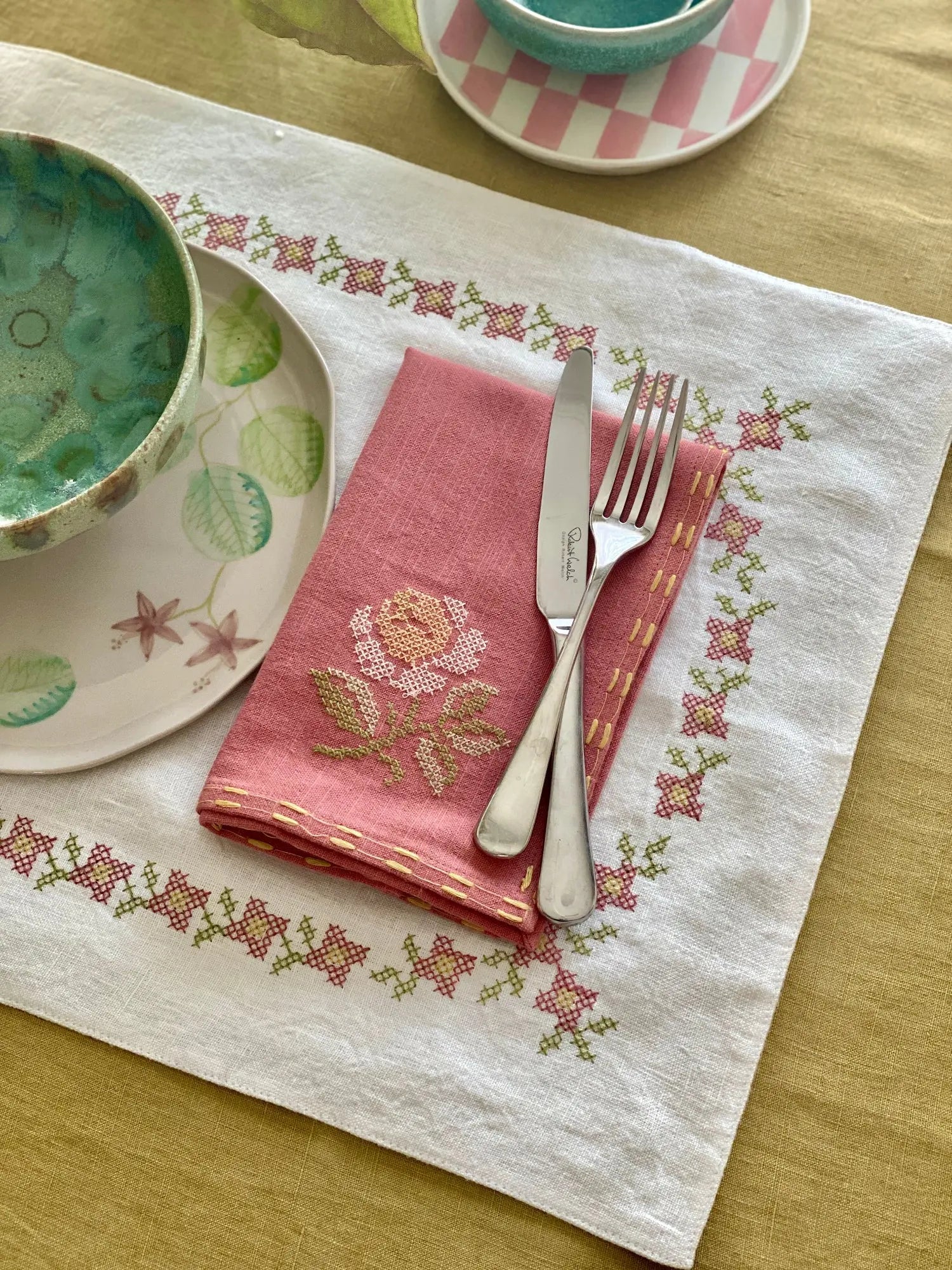 Trellis Raspberry Cross Stitch Table Mats-Set of 2 SanctuaryLiving