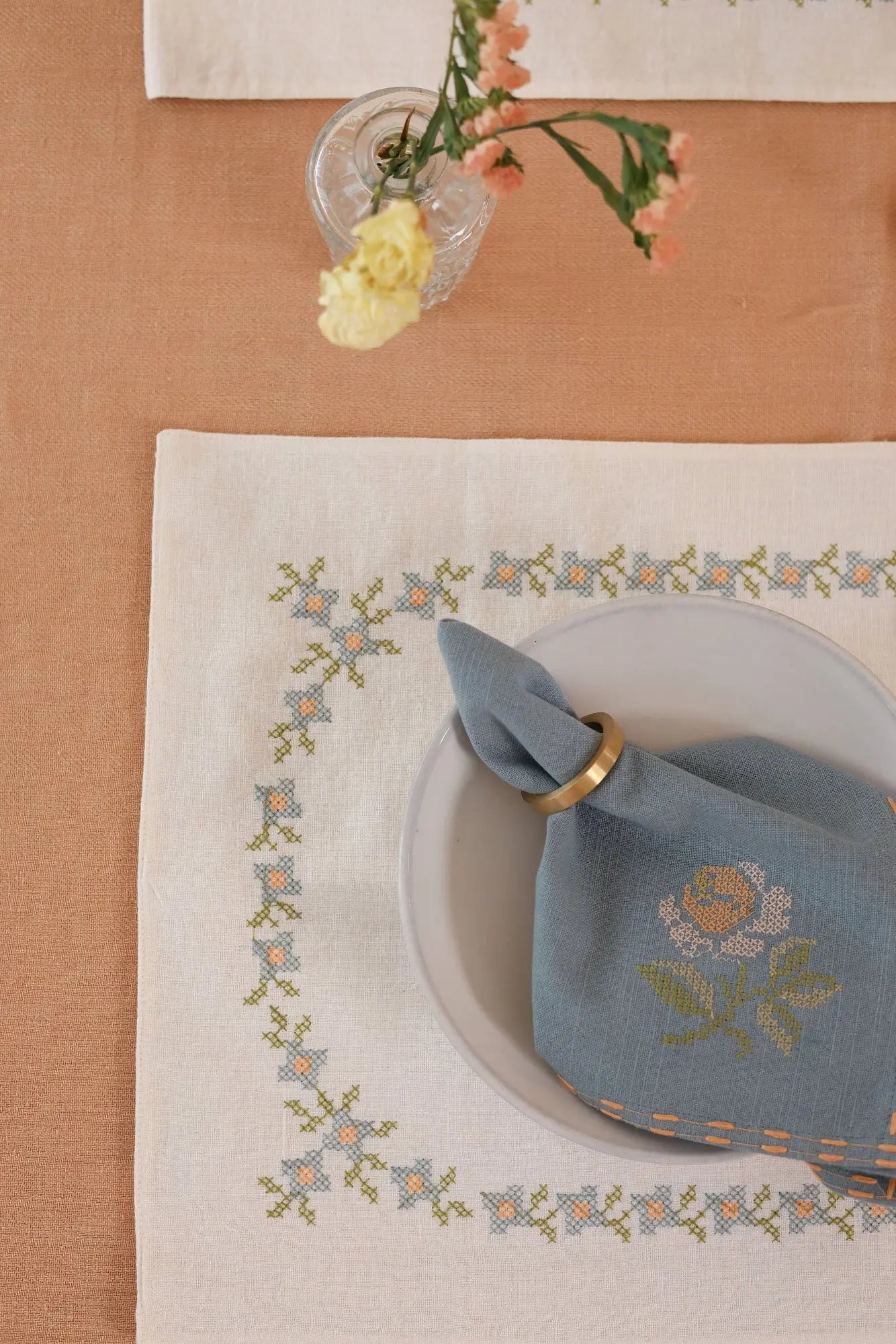 Florette Soft Blue Cross Stitch Napkins-Set of 2 SanctuaryLiving