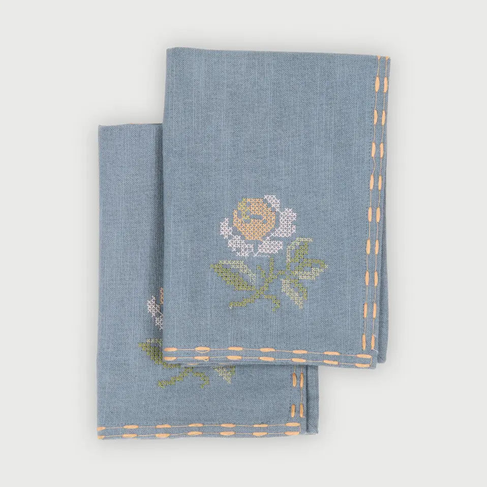 Florette Soft Blue Cross Stitch Napkins-Set of 2 SanctuaryLiving