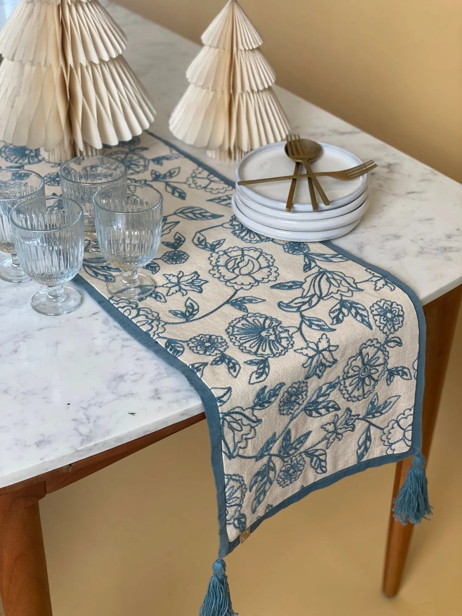 Rosabelle Chintz Teal Table Runner SanctuaryLiving