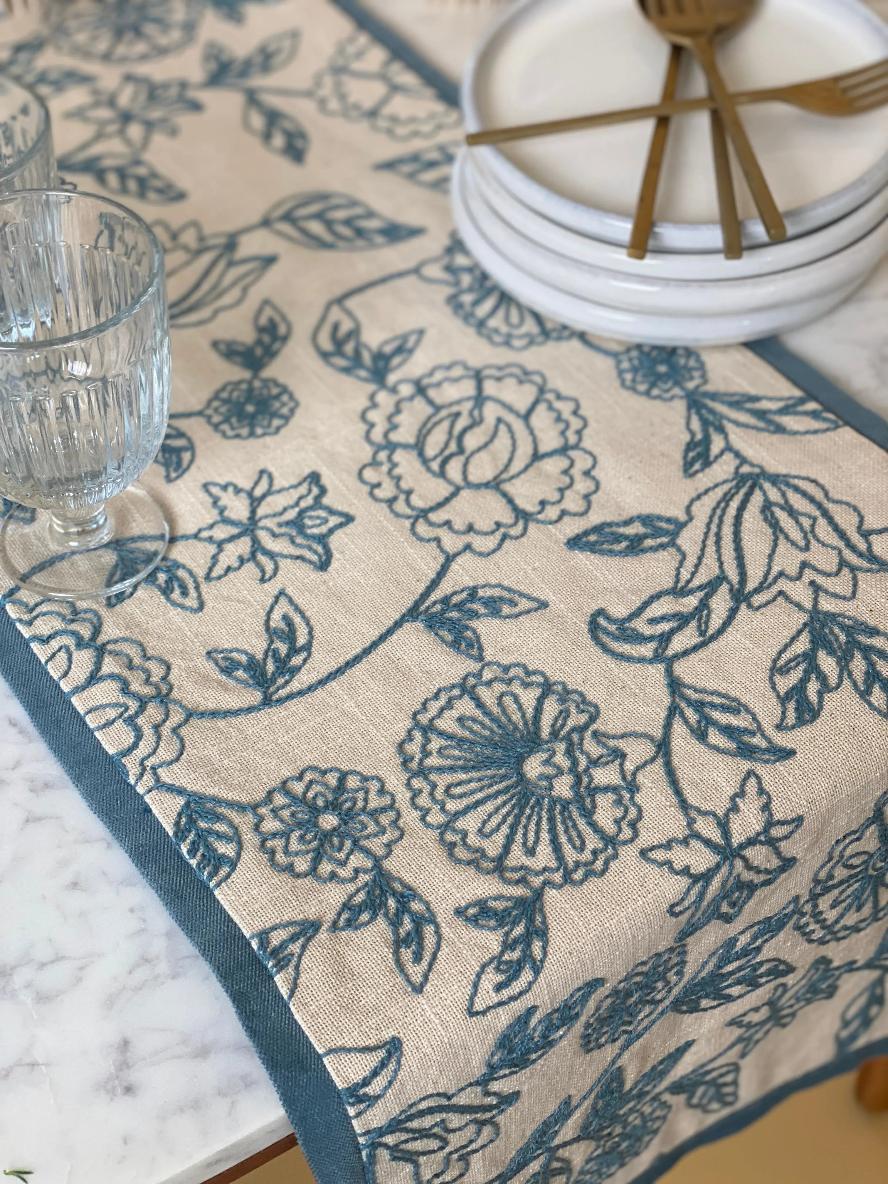 Rosabelle Chintz Teal Table Runner SanctuaryLiving