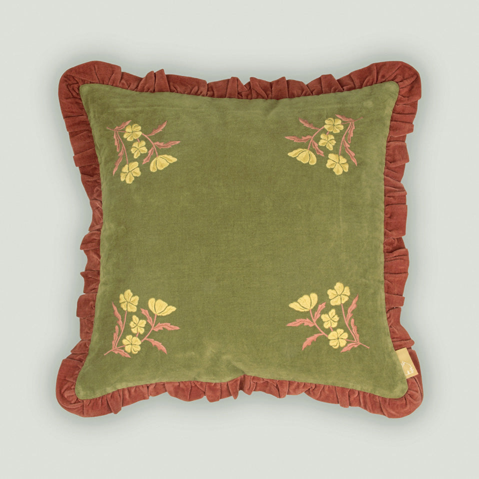 Sienna Forest Green Embroidered Velvet Cushion Cover