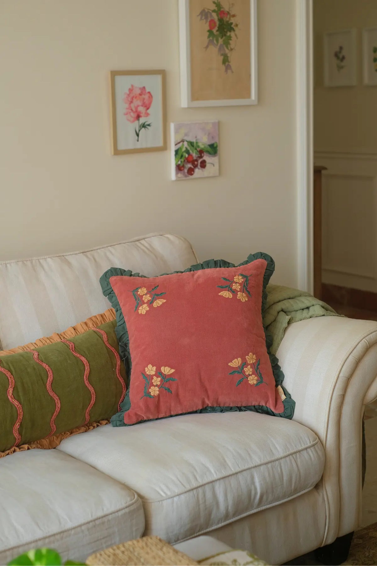 Sienna Carmine Embroidered Velvet Cushion Cover SanctuaryLiving