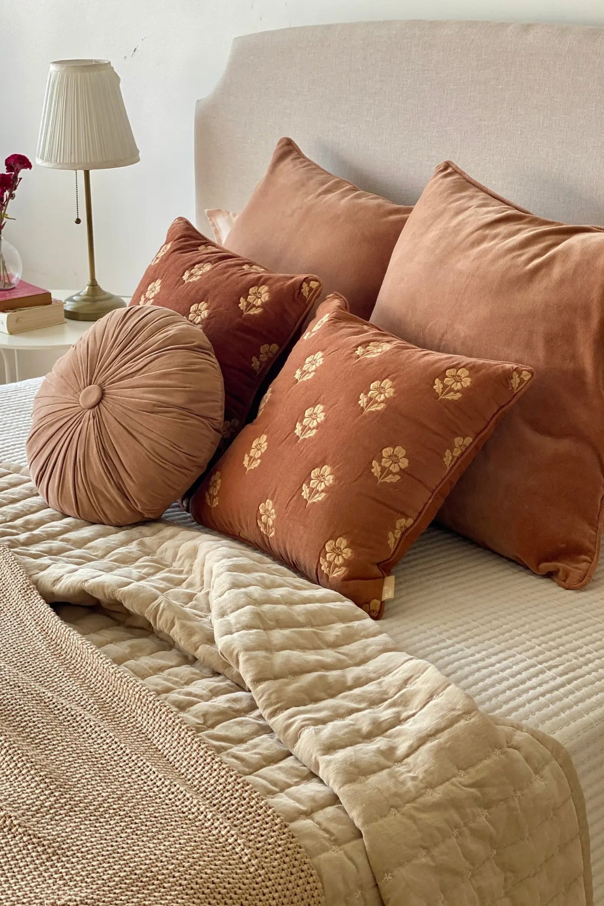 Lucia Terracotta Embroidered Velvet Cushion Cover SanctuaryLiving