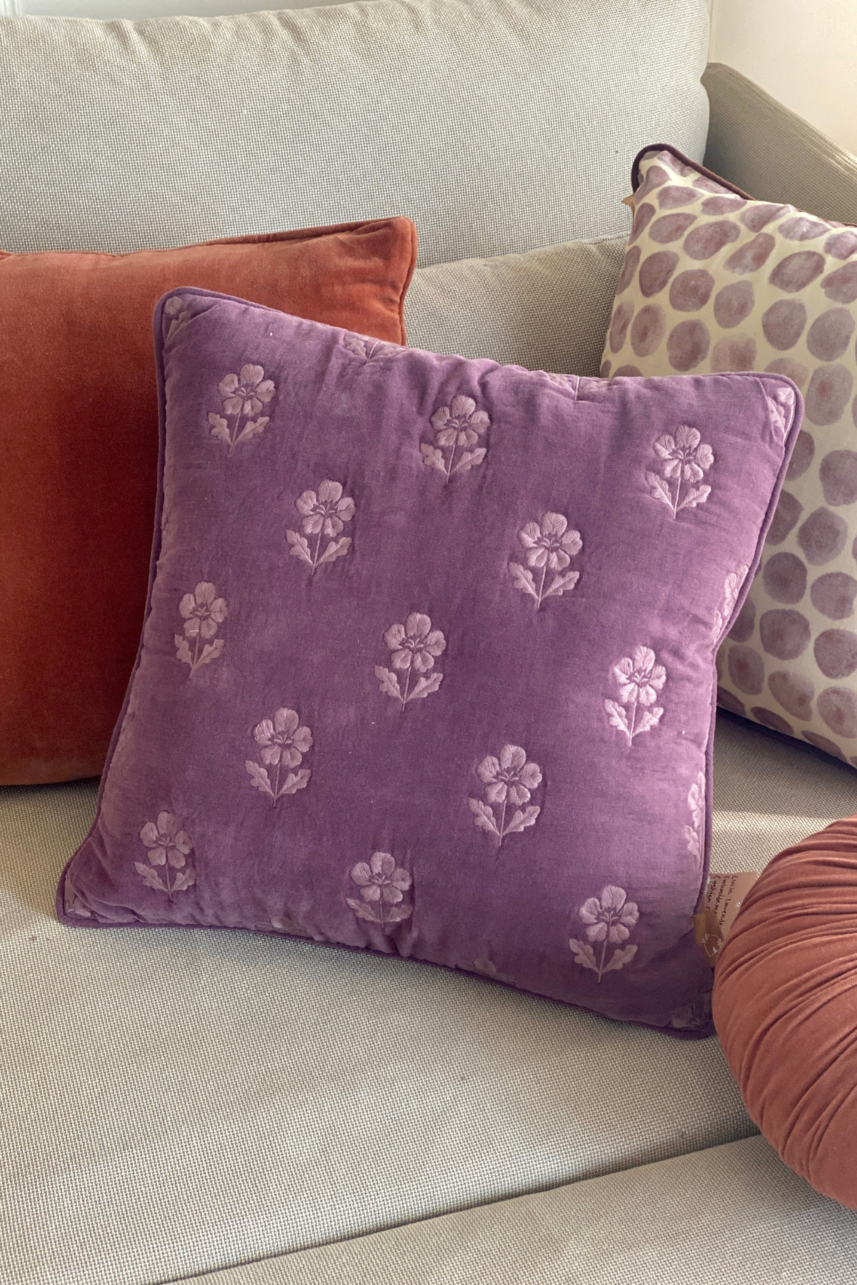 Lucia Lavender Embroidered Velvet Cushion Cover
