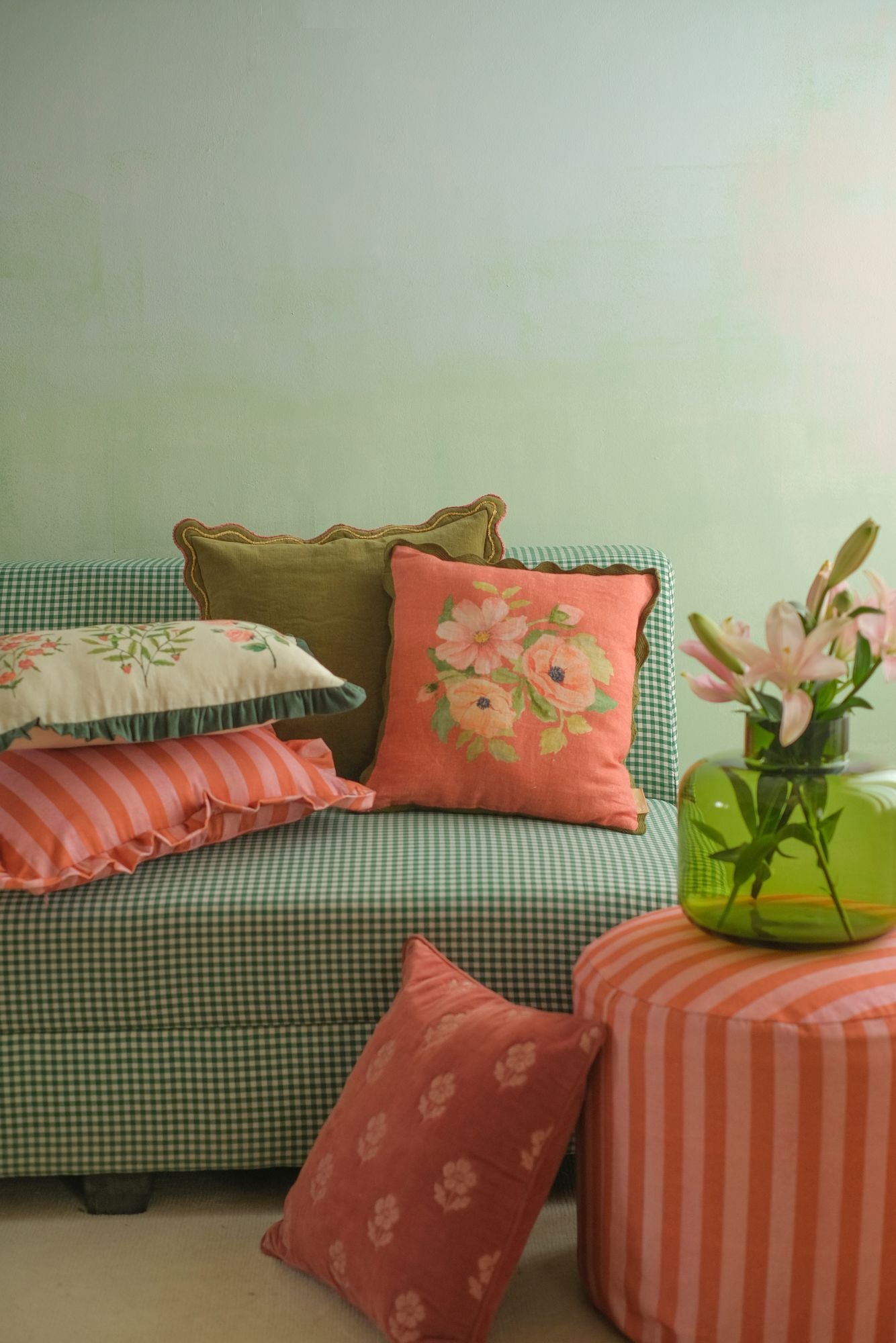 Aurora Scallop Forest Green Embroidered Cushion Cover