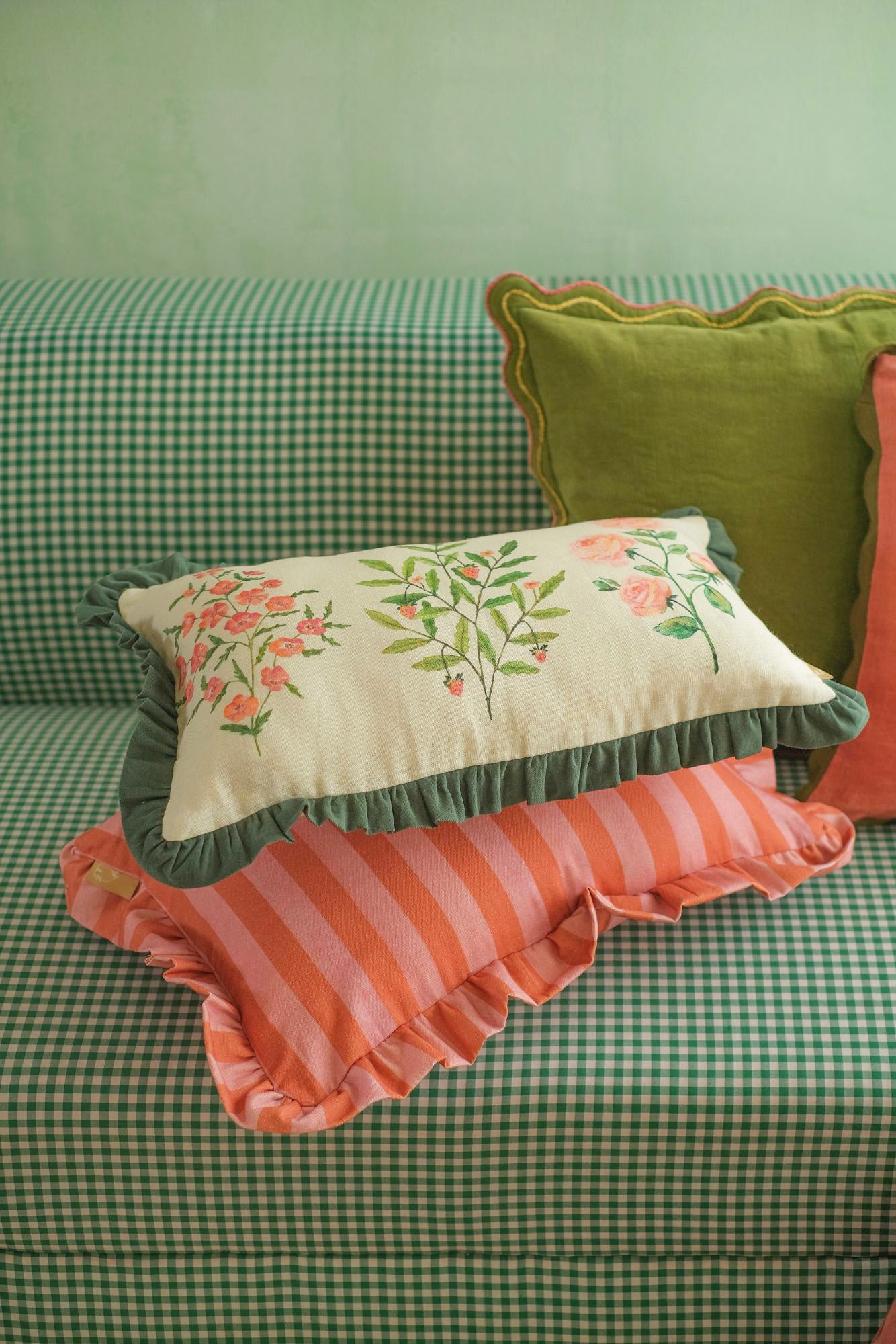 Aurora Scallop Forest Green Embroidered Oblong Cushion Cover