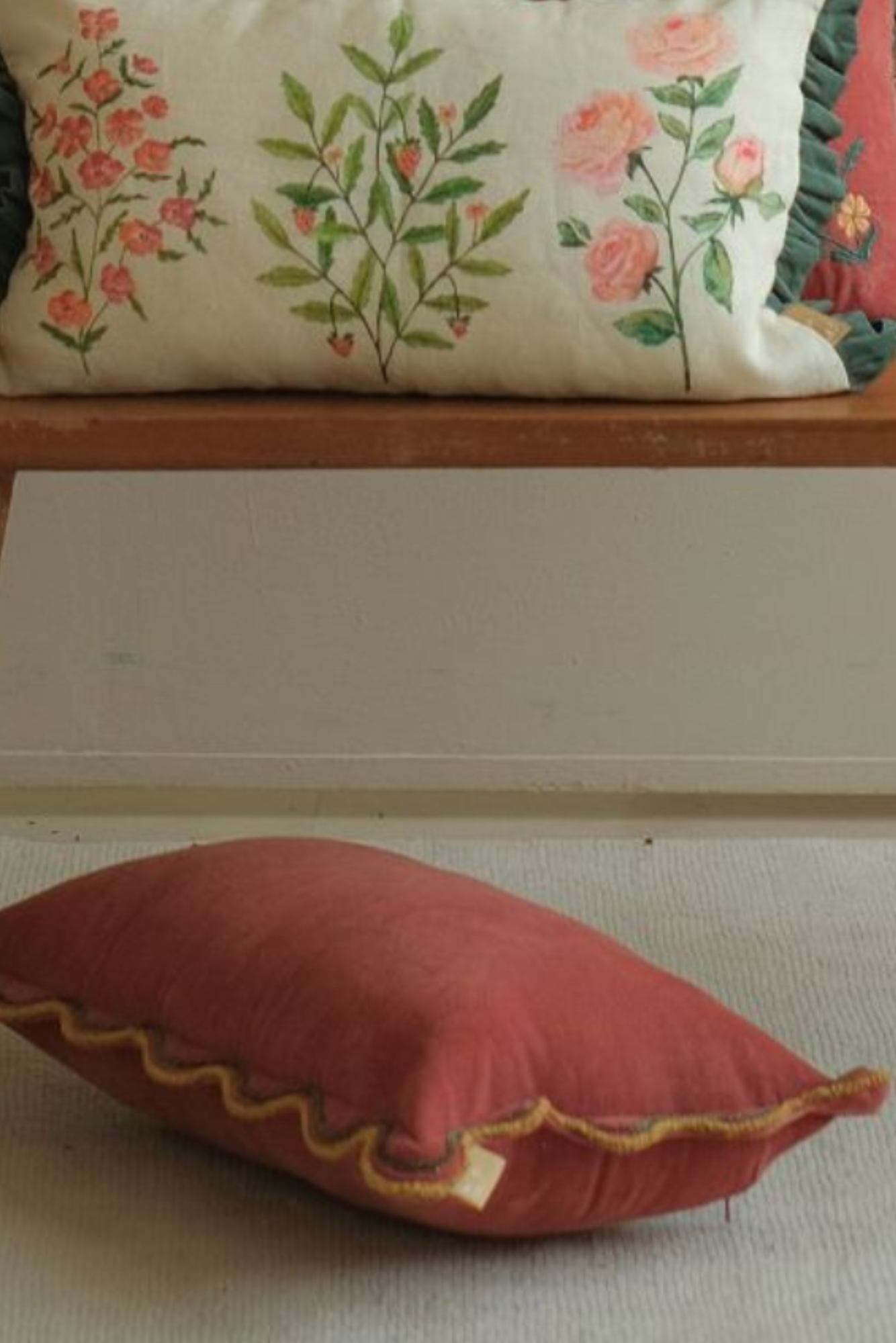Aurora Scallop Carmine Embroidered Oblong Cushion Cover