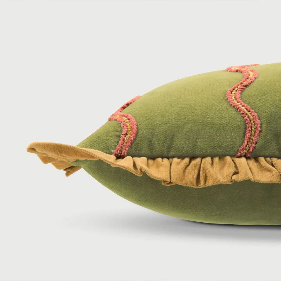 Aria Ruffle Forest Green Embroidered Oblong Cushion Cover SanctuaryLiving
