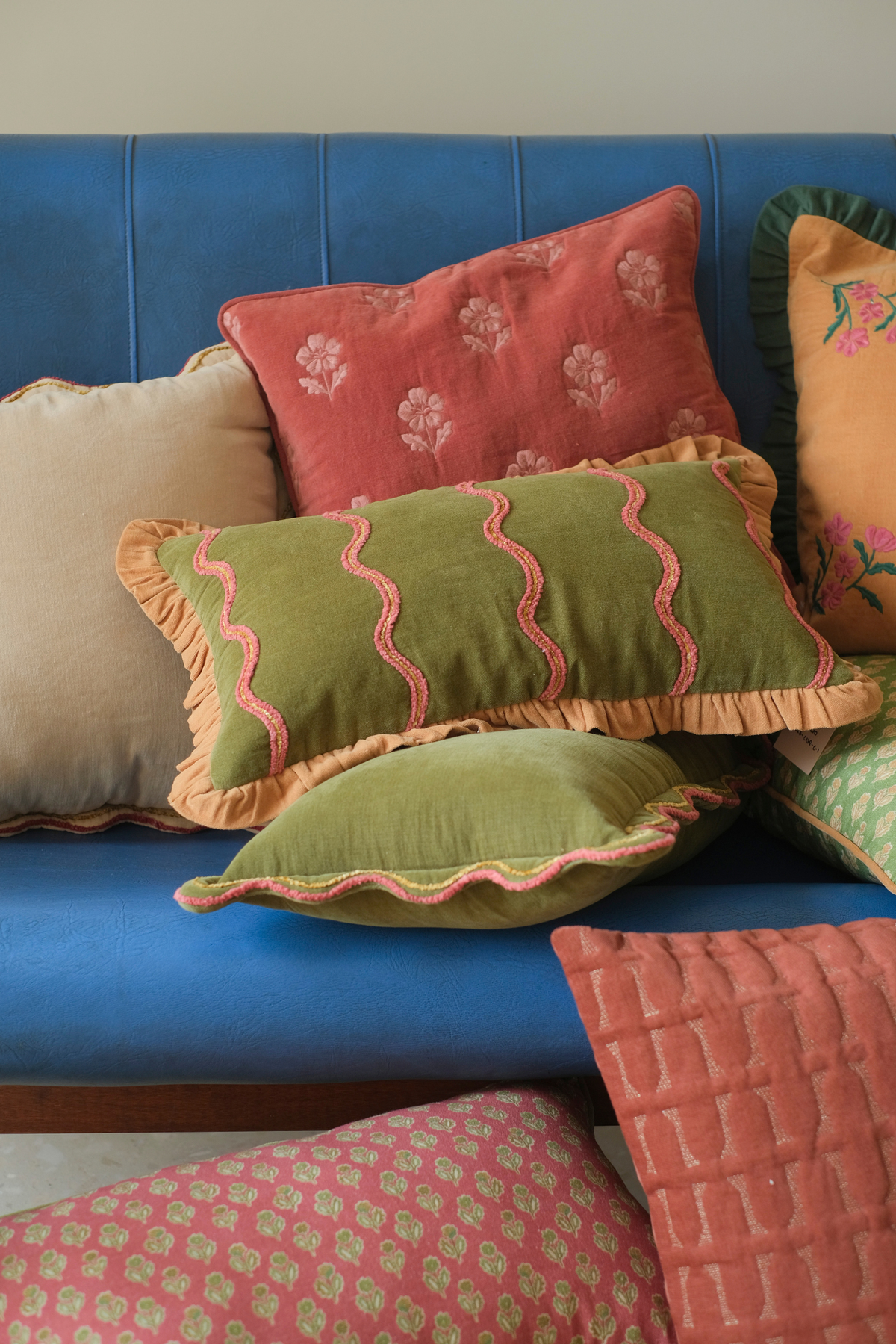 Aria Ruffle Forest Green Embroidered Oblong Cushion Cover