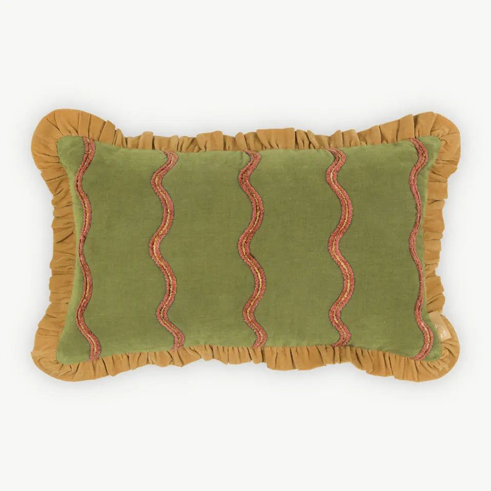 Aria Ruffle Forest Green Embroidered Oblong Cushion Cover SanctuaryLiving