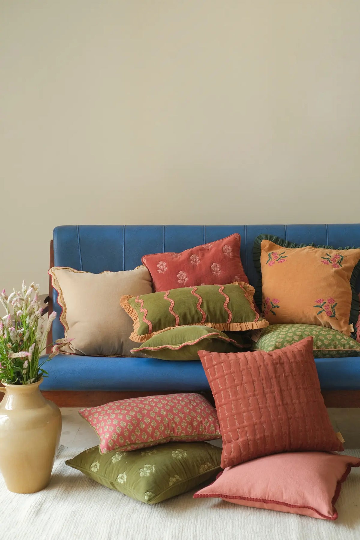 Aria Ruffle Forest Green Embroidered Oblong Cushion Cover SanctuaryLiving