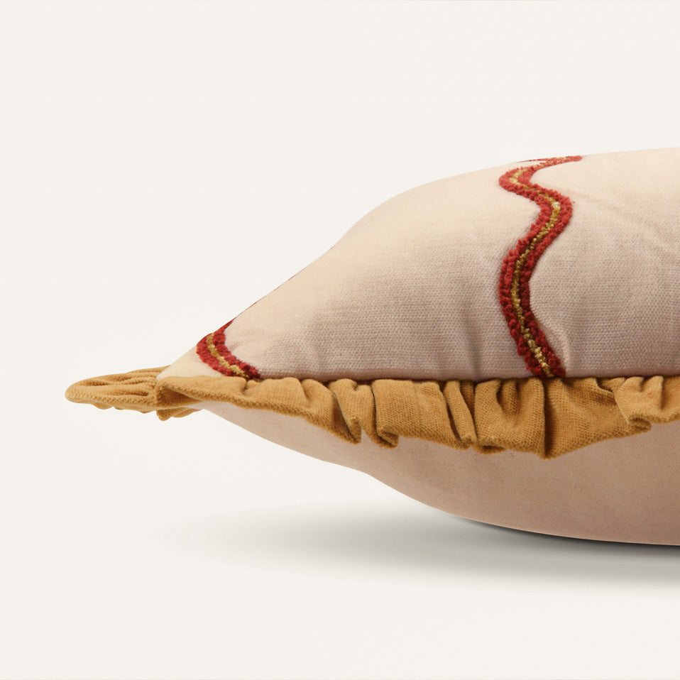 Aria Ruffle Oatmeal Embroidered Oblong Cushion Cover