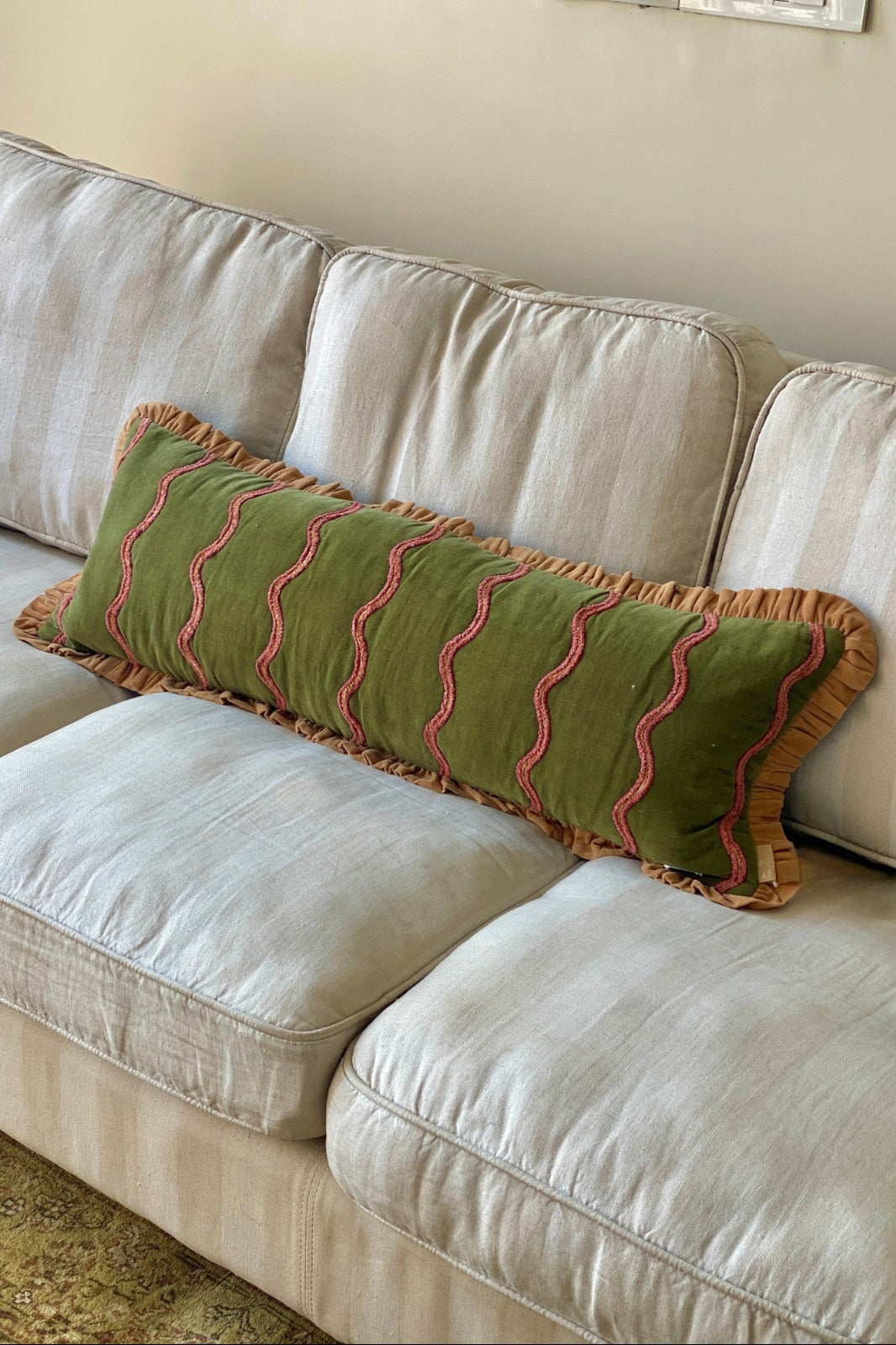 Aria Ruffle Forest Green Embroidered Lumbar Cushion Cover