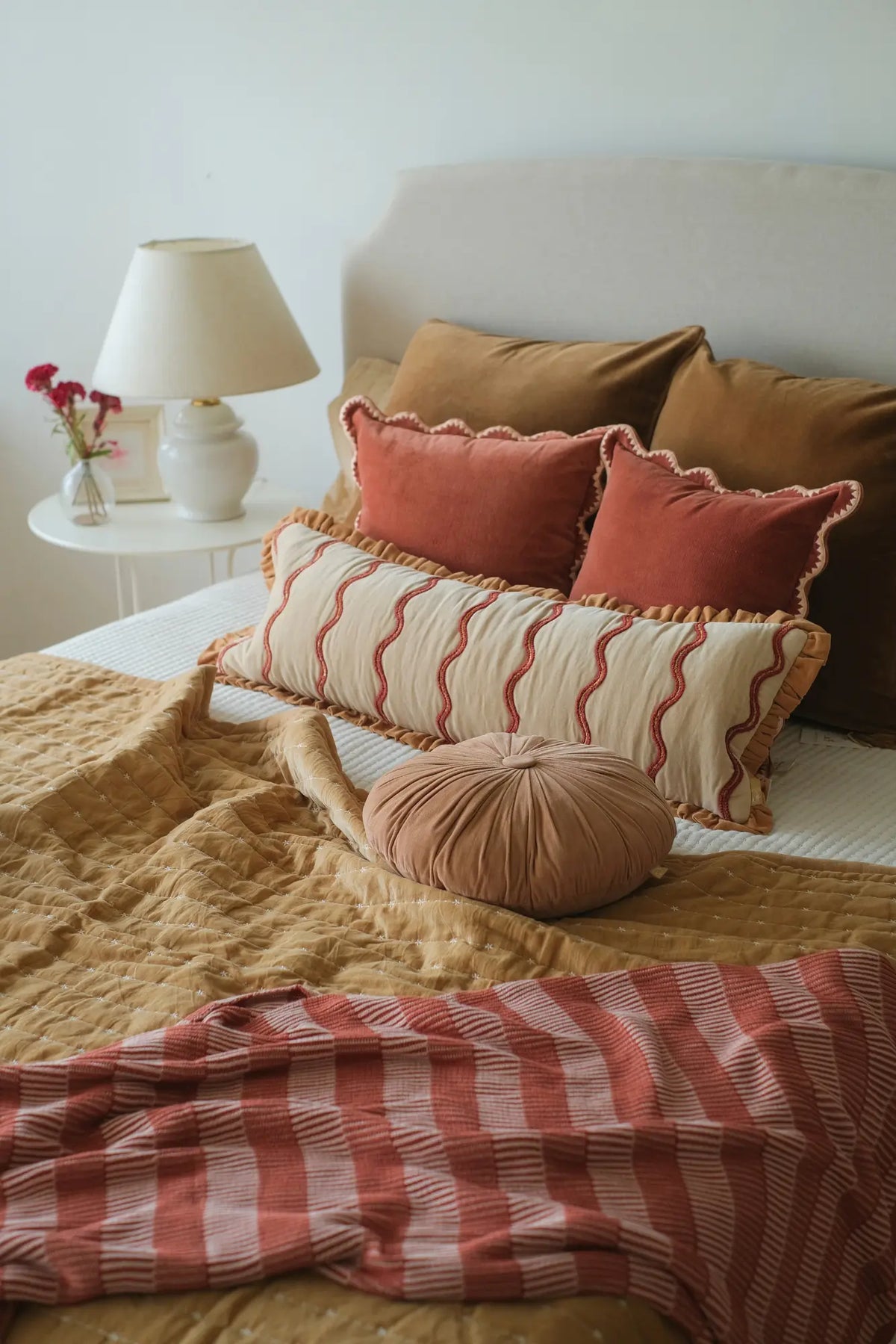 Aria Ruffle Oatmeal Embroidered Lumbar Cushion Cover SanctuaryLiving