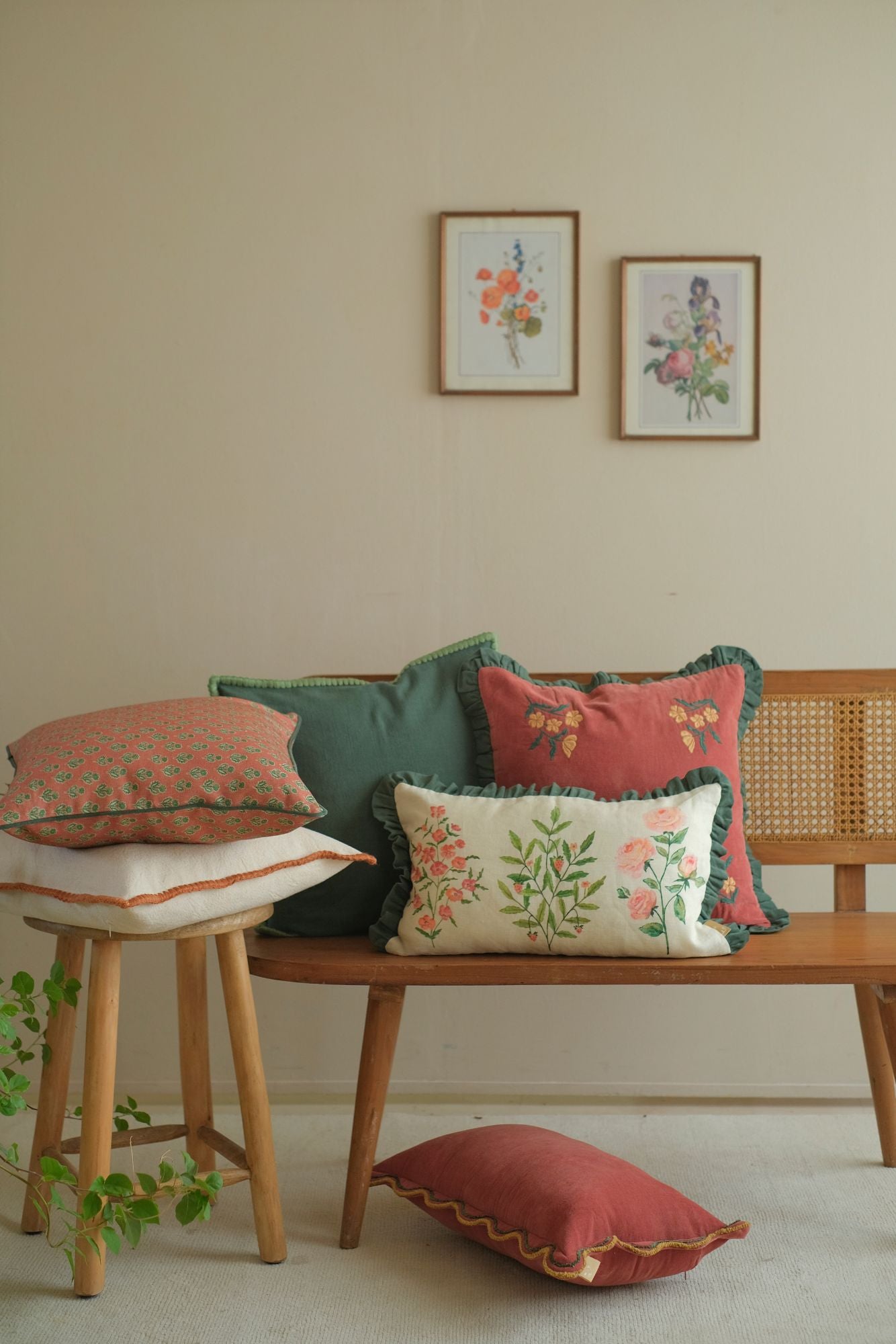 Sofia Eucalyptus Embroidered Cotton Cushion Cover