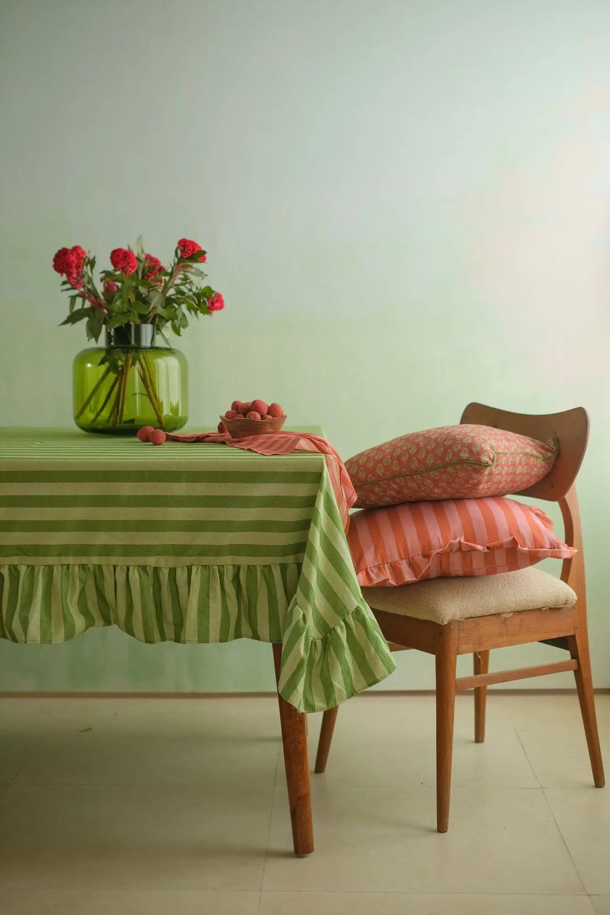 Linea Ruffle Forest Green Cotton Table Cover SanctuaryLiving