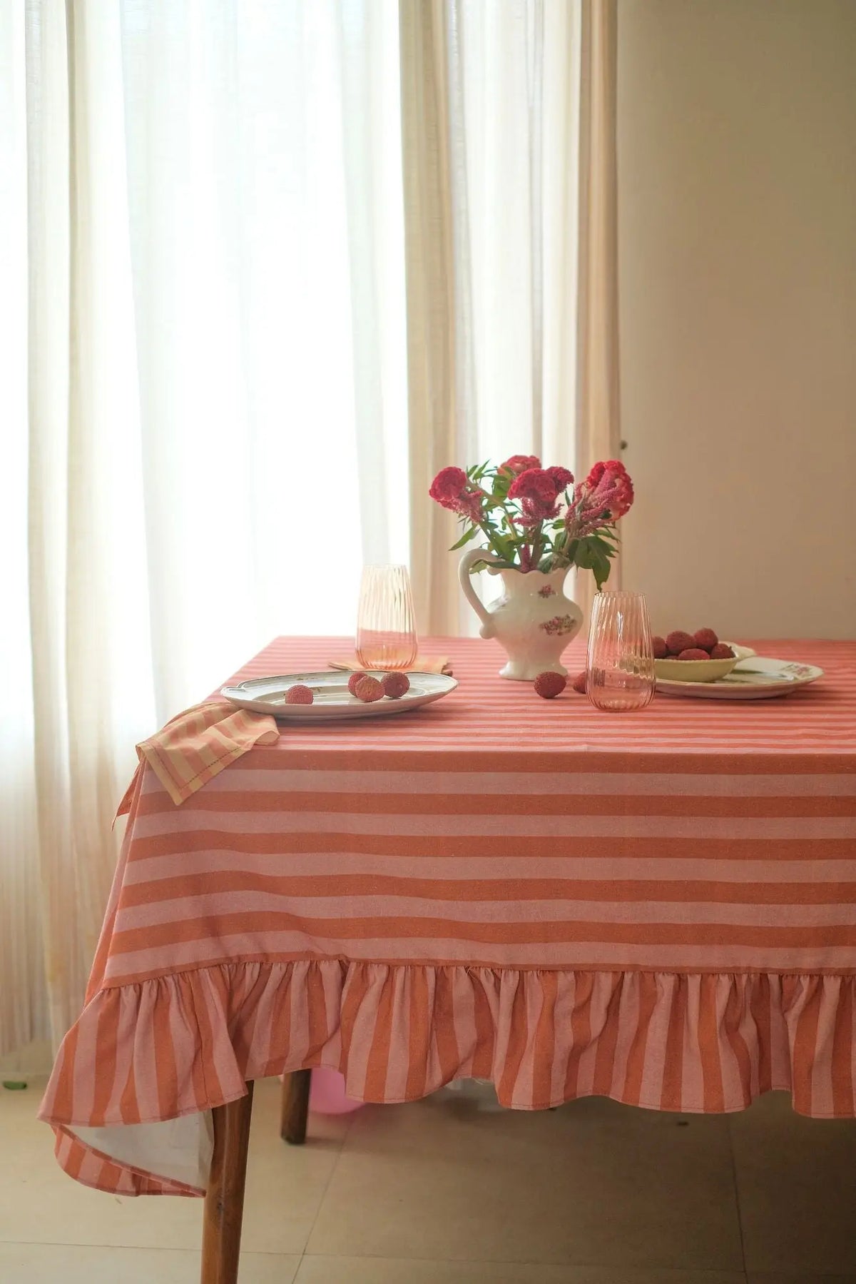 Linea Ruffle Dusty Rose Cotton Table Cover SanctuaryLiving