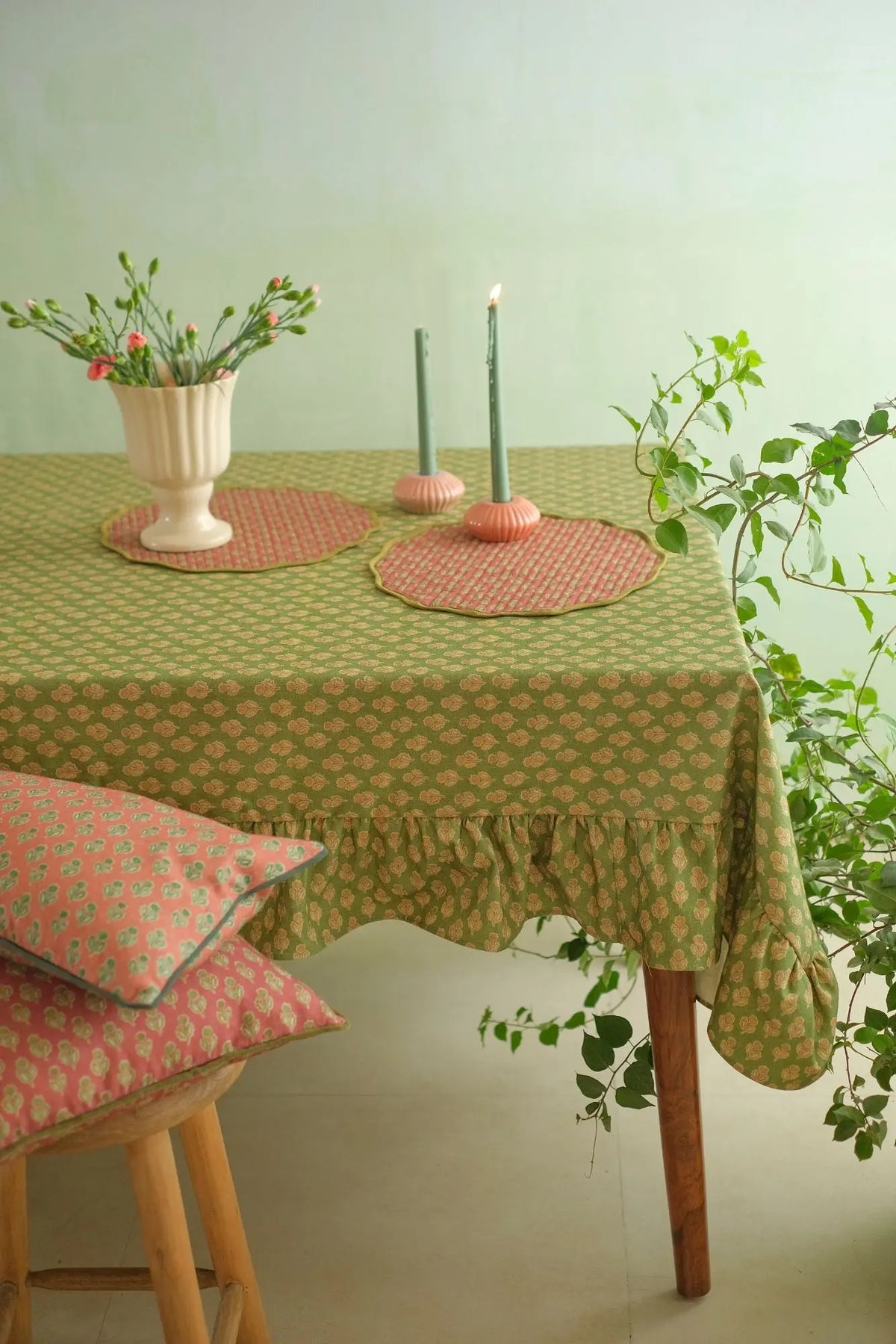 Viola Ruffle Forest Green Cotton Table Cover SanctuaryLiving