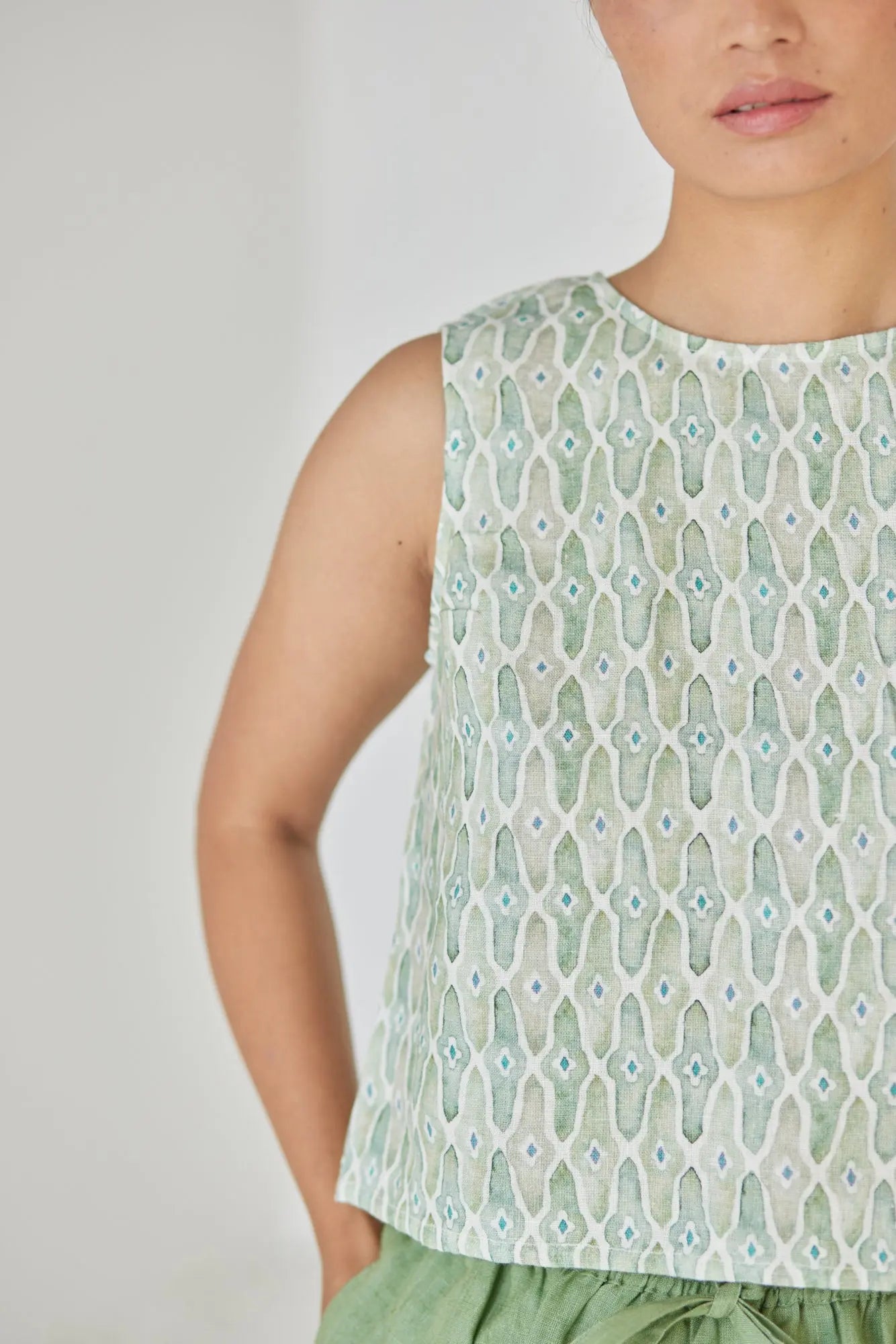 Sakura Mosaic Green Boatneck Top SanctuaryLiving