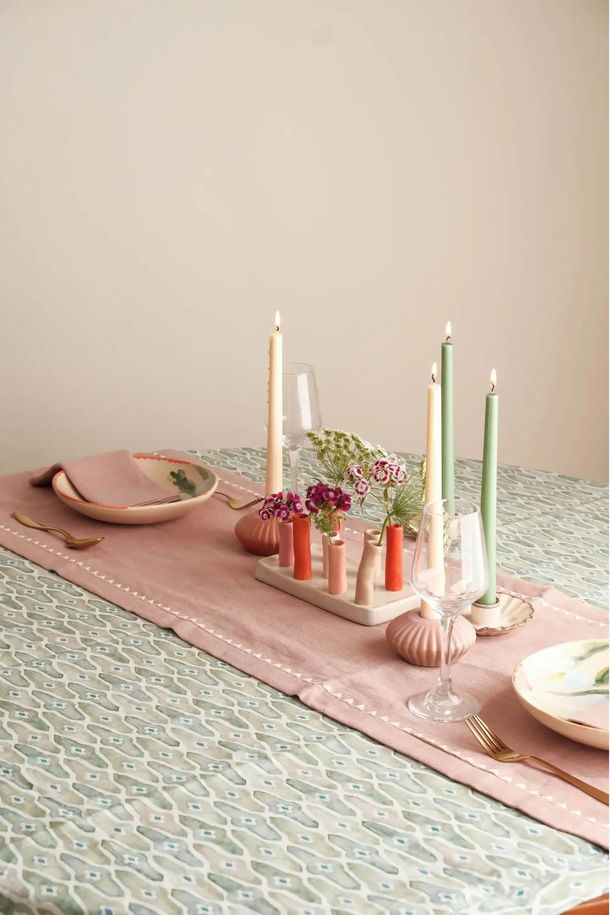 Mosaic Sage Linen Table Cover SanctuaryLiving
