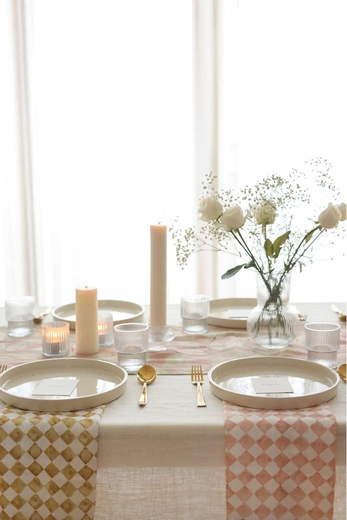 Checker Blush Linen Table Runner SanctuaryLiving