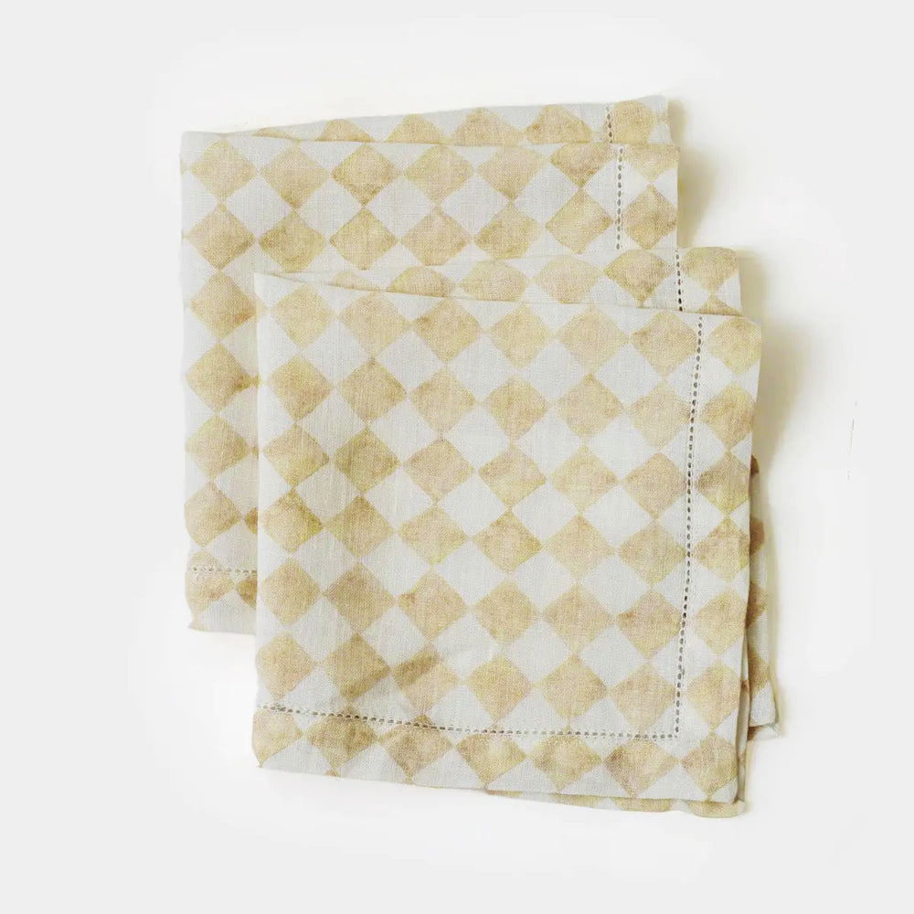 Checker Beige Linen Table Napkins-Set of 2