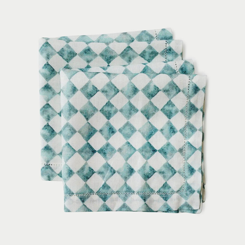 Checker Blue Linen Table Napkins-Set of 2