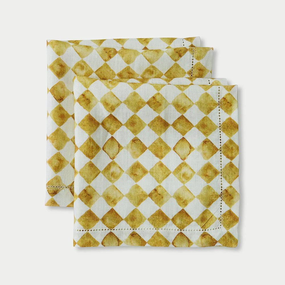 Checker Ochre Linen Table Napkins-Set of 2